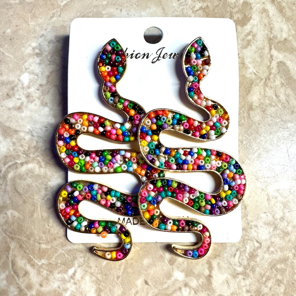 Multicolour Rainbow Snake Beaded Gold Earrings Beads Snakes New with Tag